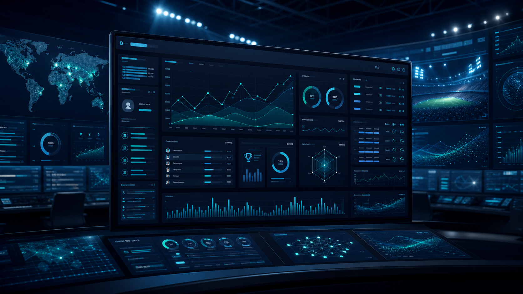 Premium sports prediction platform dashboard showing analytics, leaderboards, rules monitoring, and operator controls in a dark SaaS interface