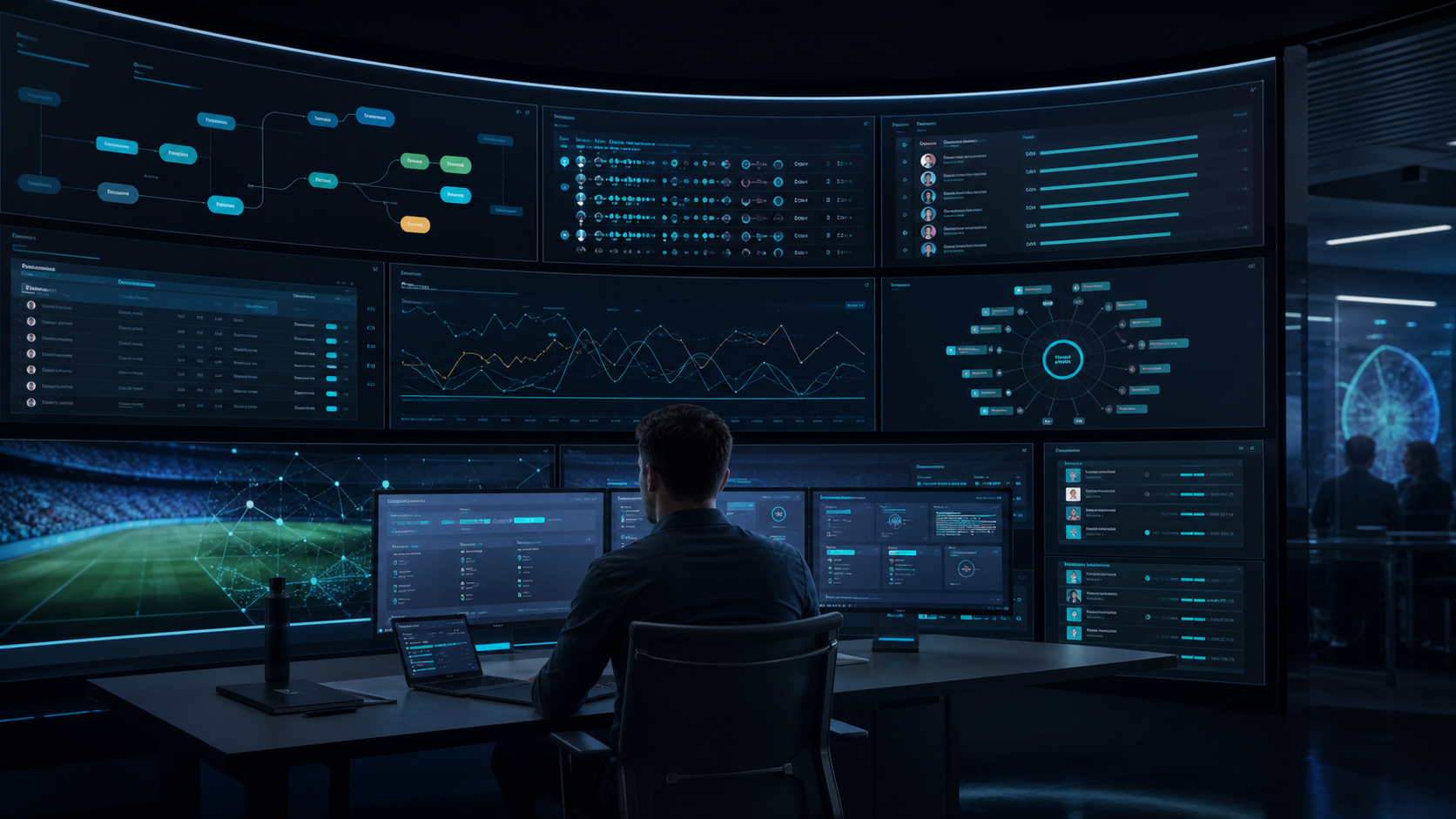 Dark sports prediction lifecycle operations dashboard with analytics, workflow, leaderboard, and user-state panels